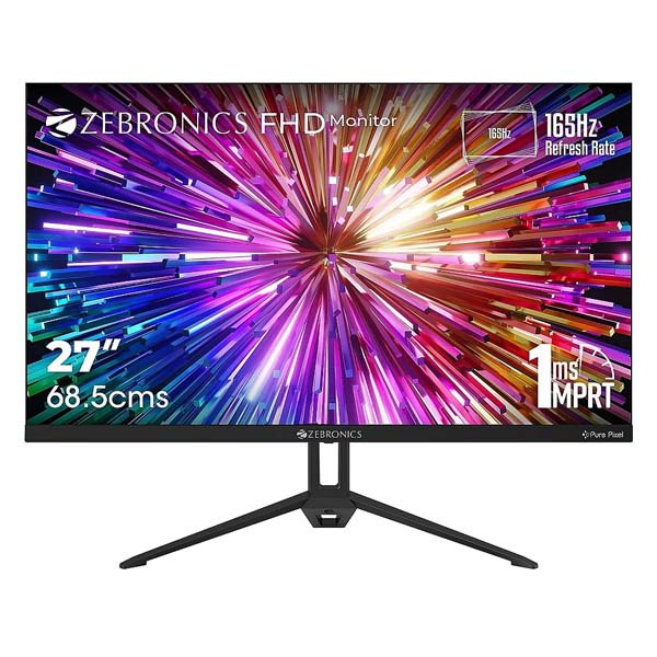 Zebronics ZEB-S27A 165Hz 27 inch Gaming Monitor - FHD 1920x1080p, IPS Panel, 1ms MPRT, HDR10, Free sync Support, DP, 2 x HDMI, 300 Nits max, 16.7M colors, Built-in speakers and Bezel less design