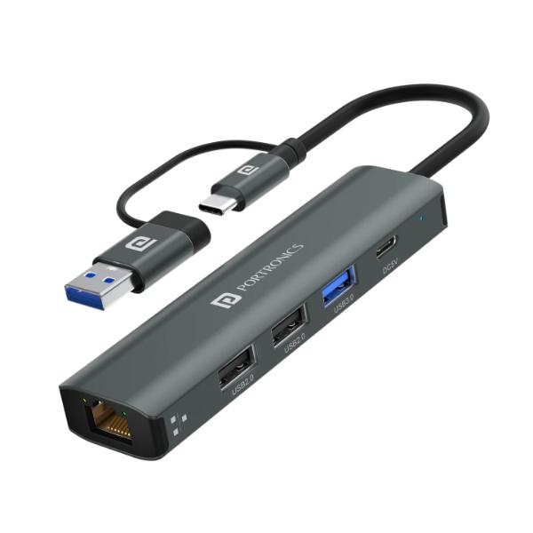 Portronics Mport Edge 5 Ports Dual USB Hub - Superfast USB 3.0, Grey, 1 pc