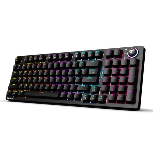 Amkette EvoFox Katana X2 FS Mechanical Gaming Keyboard | 3‑Pin Replaceable Clicky Blue Switches, Dynamic Backlighting, All Keys Anti‑Ghosting, Volume Knob, Copilot, Xbox Gamebar, Screenshot & More (Black)