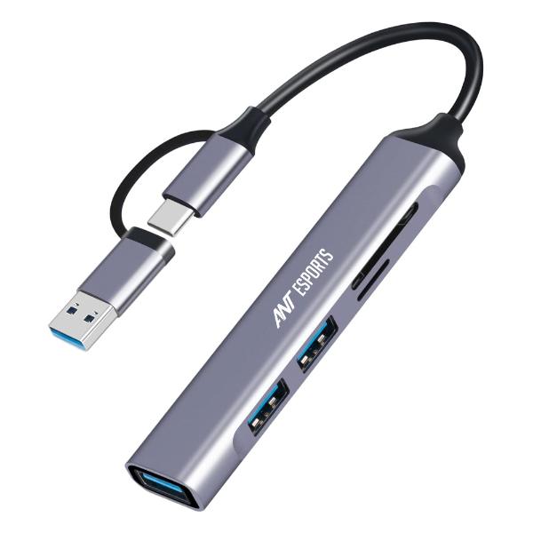 Ant Esports AEC610 6 in 1 USB C Hub Multiport Adapter, USB 3.0, 2.0 and SD/Micro SD Card Reader, Type C Splitter Adapter OTG Compatible with Windows/MacBook/Notebook, Ports- 1*3.0+2*2.0+1*SD_ Grey