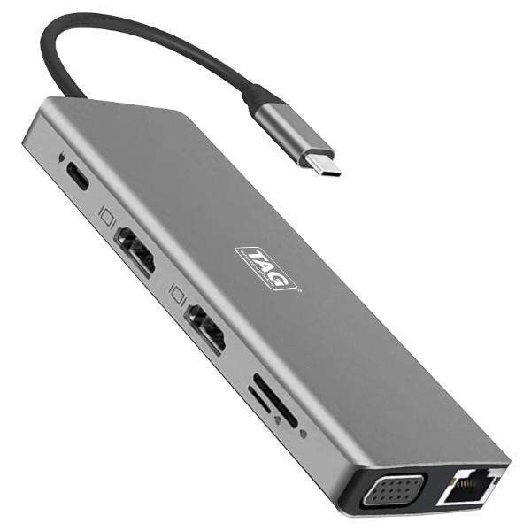 TAG 12 in 1 USB Type C Multiport Hub | 2 4K HDMI, 4 USB 3.0/2.0 Ports, VGA, 100W PD Charging, SD/TF Card Reader, RJ45 Ethernet, 3.5mm Audio | 5Gbps Speed | Supports PC, Macbook Pro Air, Laptop, Tablet
