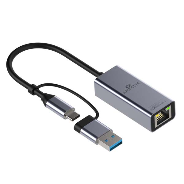 Amkette Super-Speed USB 3.0 + Type-C to RJ45 Gigabit Ethernet Adapter