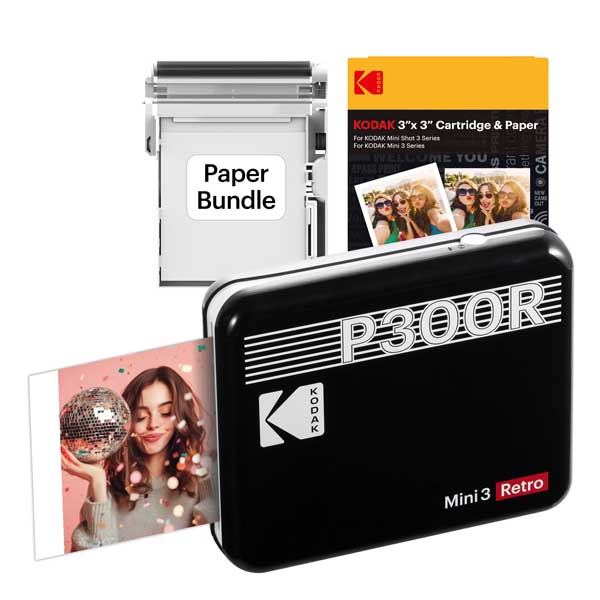 KODAK Mini 3 Retro Instant Portable Photo Printer (3x3 inches) + 38 Sheets Bundle (Black)