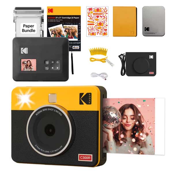 KODAK Mini Shot 3 Retro 4PASS 2-in-1 Instant Digital Camera and Photo Printer (3x3 inches) Initial 8 Sheets + 30 Sheets Gift Bundle (Yellow)