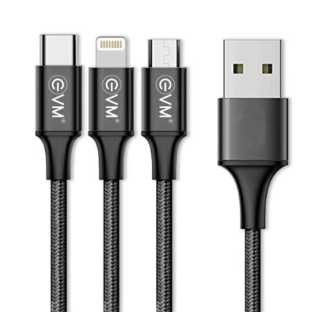 EVM 3 IN 1 CHARGING CABLE METAL HEAD NYLON BRAIDED CABLE Black