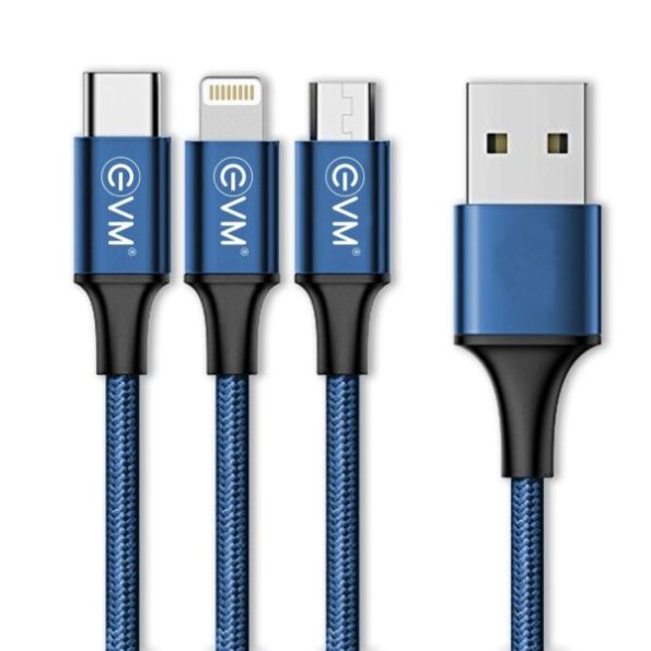 EVM 3 IN 1 CHARGING CABLE METAL HEAD NYLON BRAIDED CABLE Blue