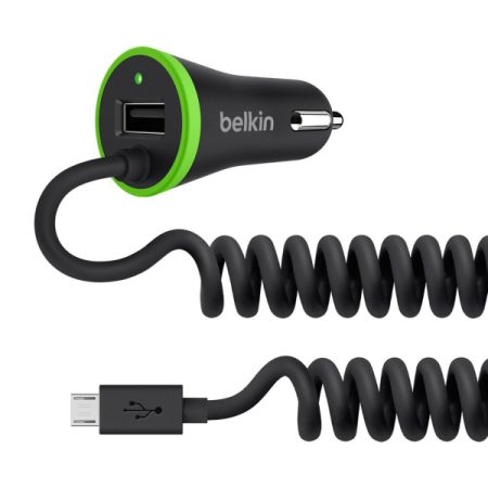 Belkin USB-A with Coiled Micro USB Cable (4 Foot) Car Charger Adapter