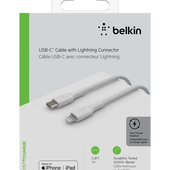 Belkin Apple Certified Braided Lightning to USB-C Charge and Sync Type C Cable, Tough and Durable, For iPhone, iPad, Air Pods, 3.3 Feet (1 Meter) - White