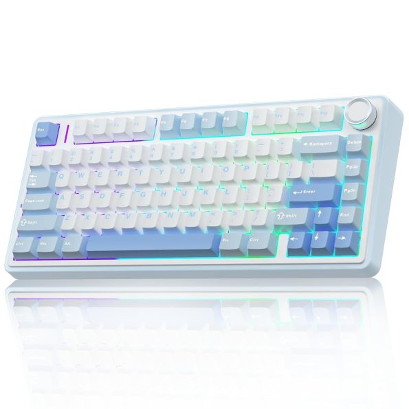 AULA F75 75% Wireless Mechanical Keyboard | Hot Swappable | Pre-lubed Linear Switches | RGB Backlit | 2.4GHz/Type-C/Bluetooth Gaming Keyboard (Keyboard,Sea Blue+GrayWood Switch)