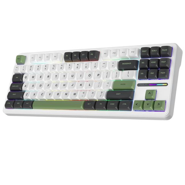 AULA F87 Wireless Trio Mode Mechanical Gaming Keyboard (Green + White – Gray Wood Switch V3)