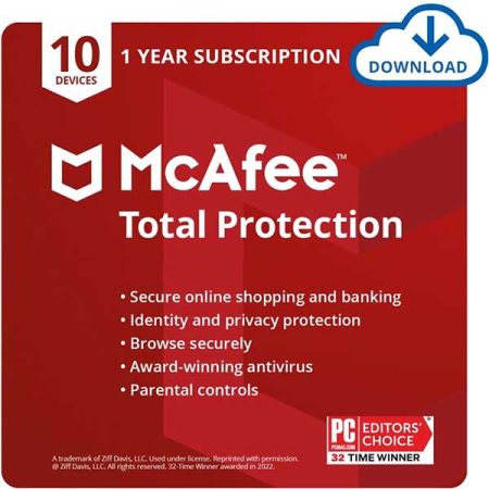 McAfee Total Protection 2024 | 10 Device, 1 Year | Antivirus Internet Security Software | Password Manager & Dark Web Monitoring Included | PC/Mac/Android/iOS | Email Delivery